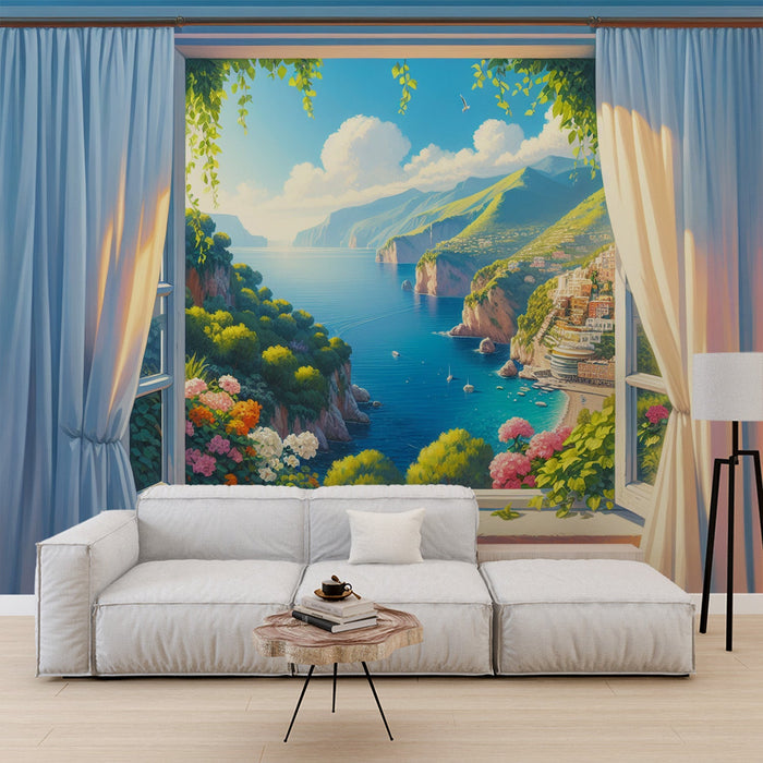 Papel pintado Ilusión óptica | Ventana abierta y cortinas blancas sobre un relieve mediterráneo