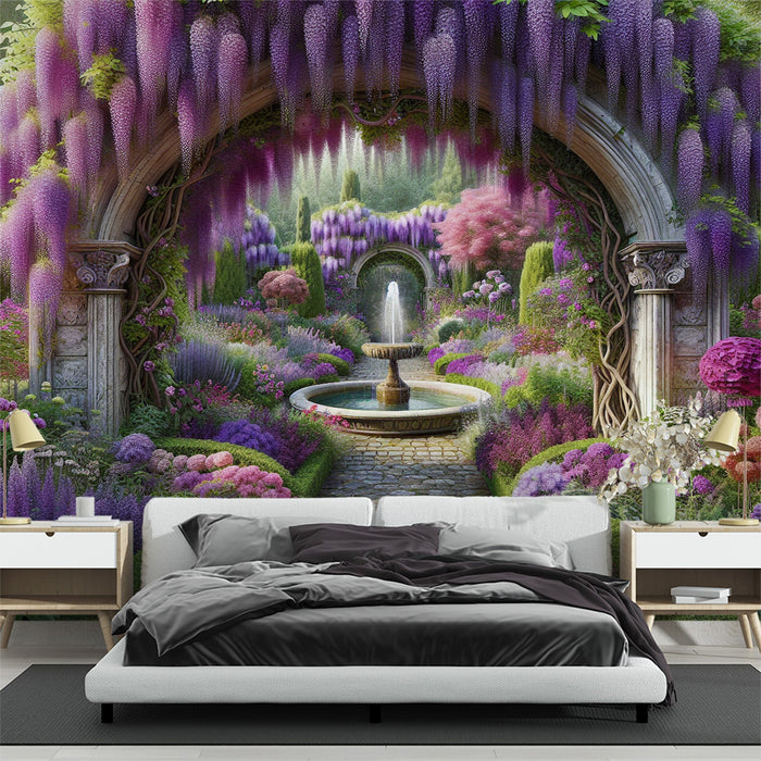 Mural Wallpaper Optical Illusion| Fountain in the midst of a blooming garden