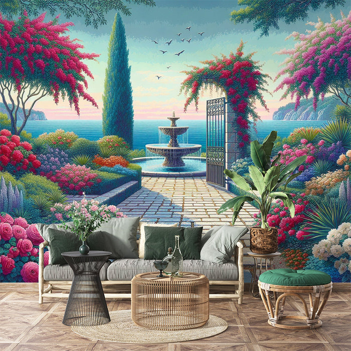 Mural Wallpaper Optical Illusion | Fountain and Cypress in a Flowering Garden