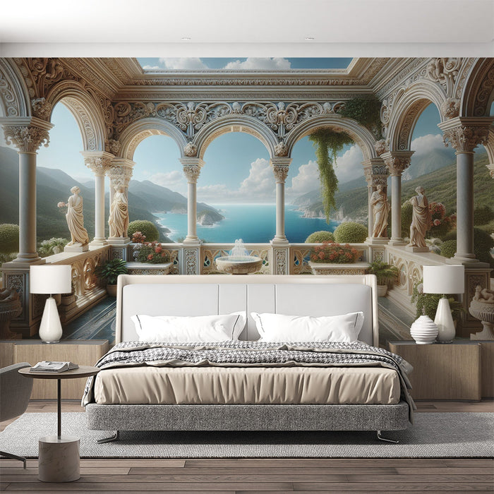 Optical Illusion Mural Wallpaper | Mediterranean-Style Antique Fountain and Decor