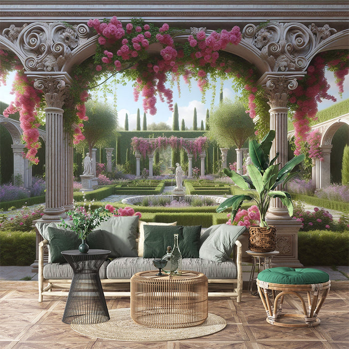 Papel pintado Ilusión óptica | Jardín de flores y arbustos verdes bien recortados