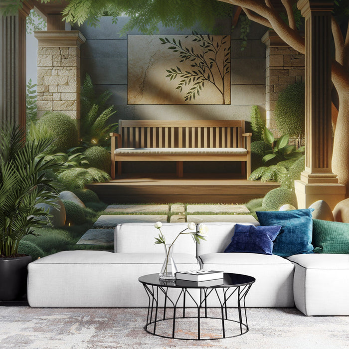 Mural Wallpaper Optical Illusion| Secret Garden with Bench and Trimmed Shrubs