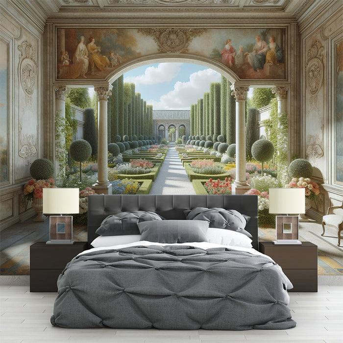 Optinen harha Tapetti | Versailles-tyylinen puutarha öljyvärimaalauksilla seinillä