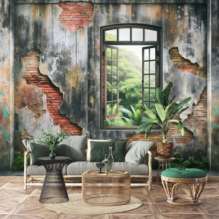 Papel pintado de ilusión óptica | Paredes en ruinas y ventana con vista a un bosque tropical