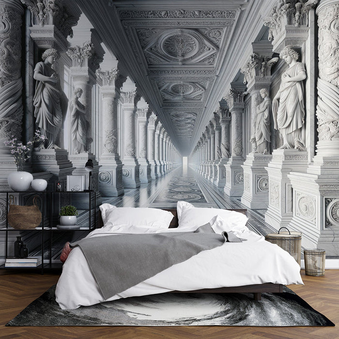 Mural Wallpaper Optical Illusion| White Antique Palace with Statue Columns