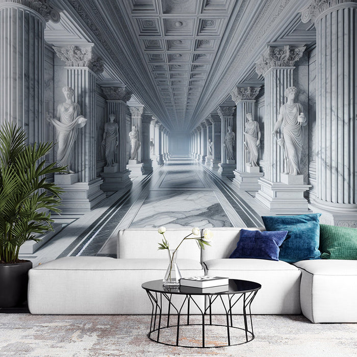 Tapet Optisk Illusion| Palats med antika kolonner och grekiska statyer