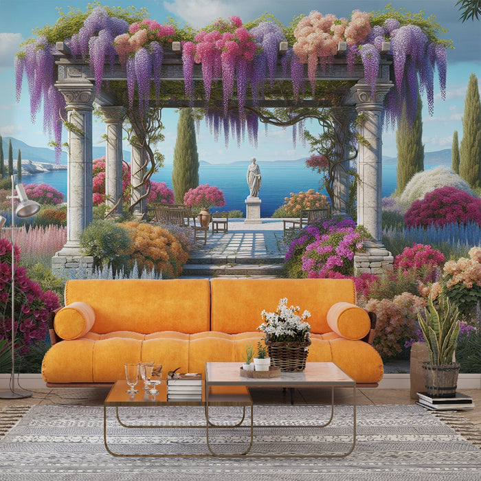 Mural Wallpaper Optical Illusion | Zenitude Square Facing the Sea with Statue and Flowers