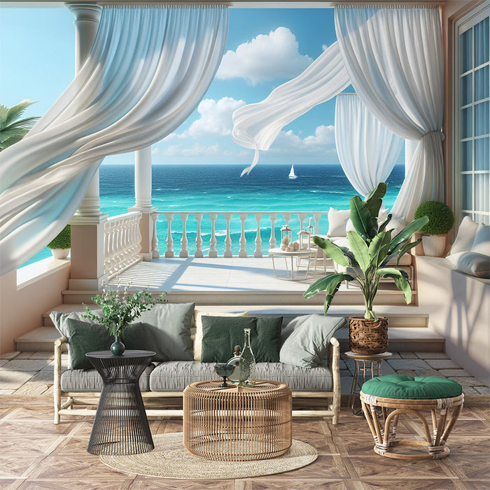 Optical Illusion Mural Wallpaper | White Curtains Blowing in front of the Sea