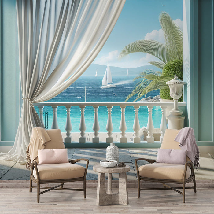 Foto Behang Optische Illusie | Witte Gordijnen en Balkon met Uitzicht op de Zee en een Zeilboot