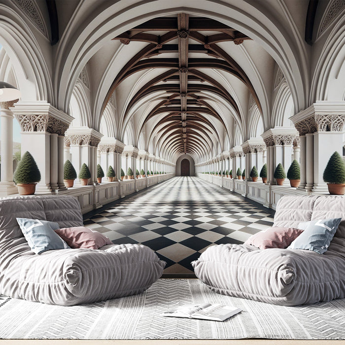 Trick-of-the-eye Mural Wallpaper | Grid Floor and Stunning Deep Arch