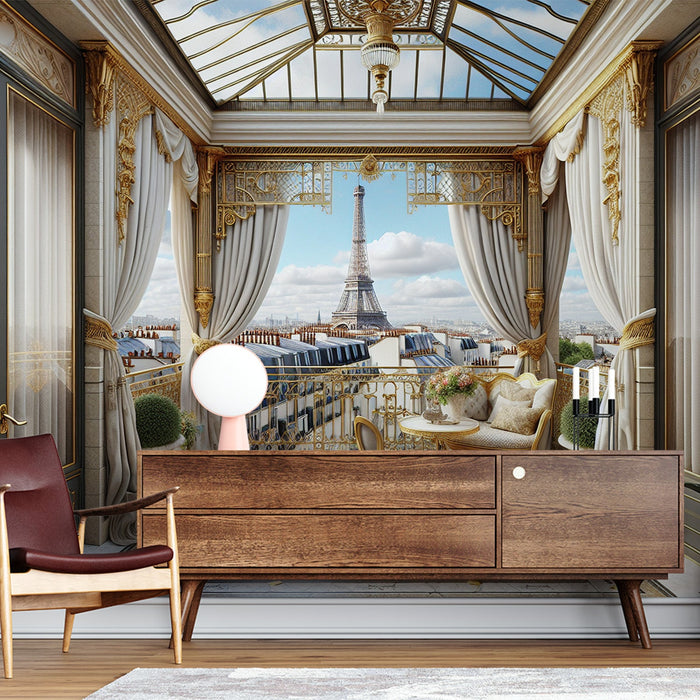 Foto Behang Optische Illusie | Koninklijk Uitzicht op een Voorstelling van Parijs en de Eiffeltoren