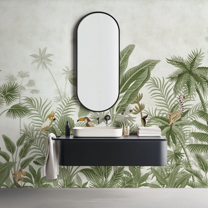 Mural Wallpaper bathroom | Exotic jungle with banana trees, parrots, and monkeys