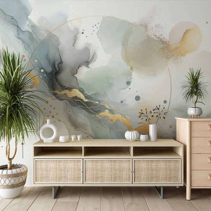 Abstract Mural Wallpaper | Dull-colored Watercolor with Golden Line