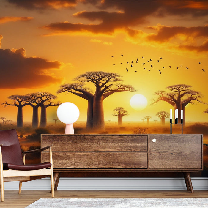 Afrikaanse Savanne Foto Behang | Baobab en Zonsondergang
