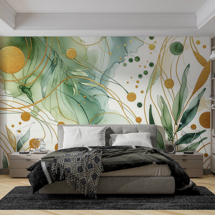 Papel pintado de mural de acuarela | Ambiente verde y dorado