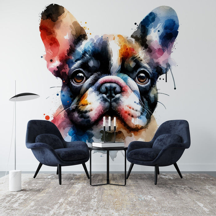 Aquarell Wandtapete | Farbenfroher Französischer Bulldogge