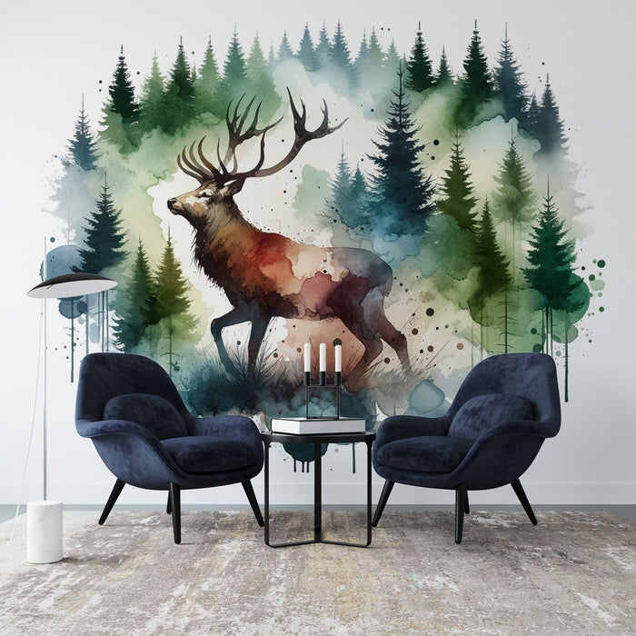 Watercolor Mural Wallpaper | Green Forest and Majestic Deer