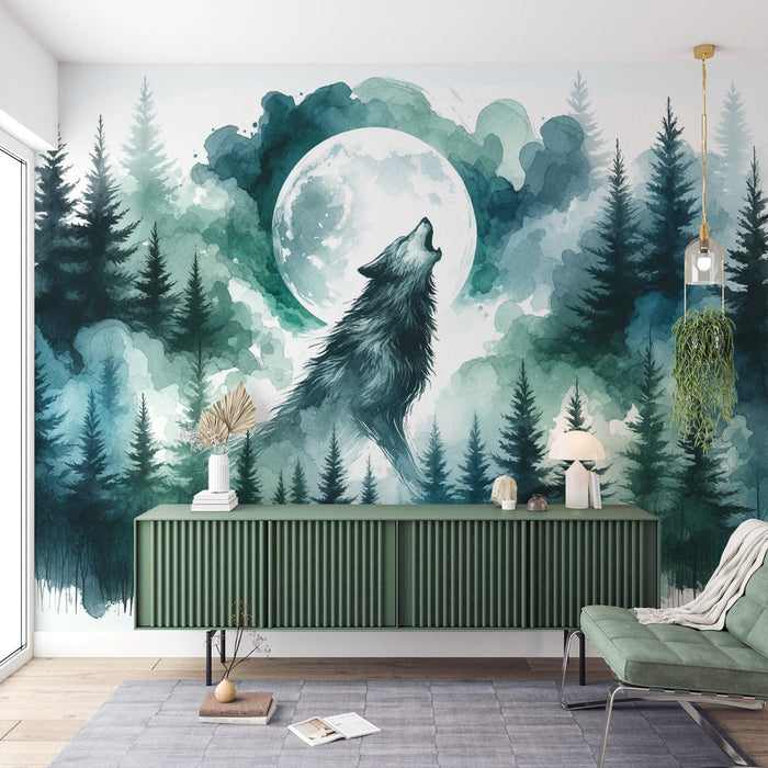 Papel pintado de mural acuarela | Lobo en un bosque encantado
