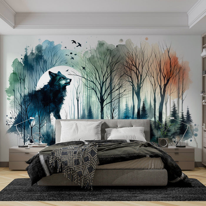 Papel pintado de murales de acuarela | Lobo y bosque nocturno