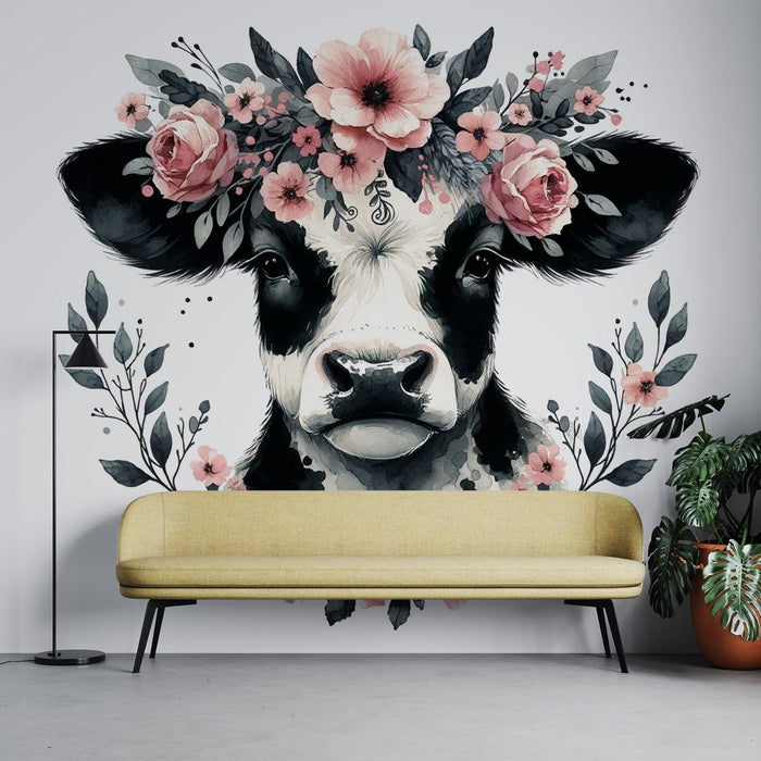 Papel pintado de mural de acuarela | Vaca con corona de flores rosas