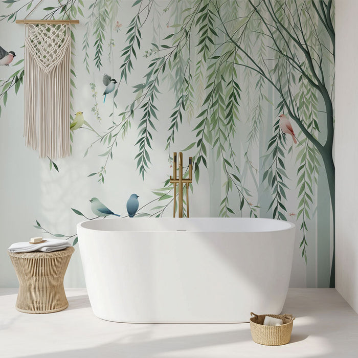 Falikép fürdőszoba | Zöld lehulló levelek színes madarakkal