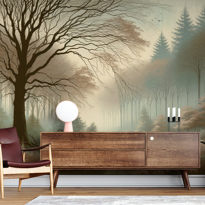 Tree Mural Wallpaper | Vintage Forest with Muted Colors