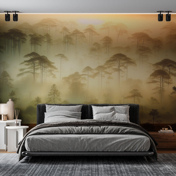 Papel de parede com mural de árvore | Floresta com neblina e pôr do sol