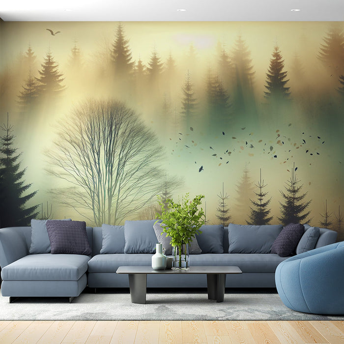 Papel de parede mural | Floresta de pinheiros com neblina colorida