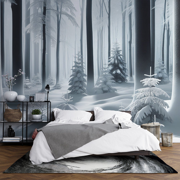 Papel de parede de mural de árvore | Floresta nevada com árvores altas e pinheiros