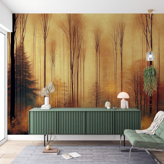 Papel de parede de mural de árvore | Estilo floresta laranja vintage