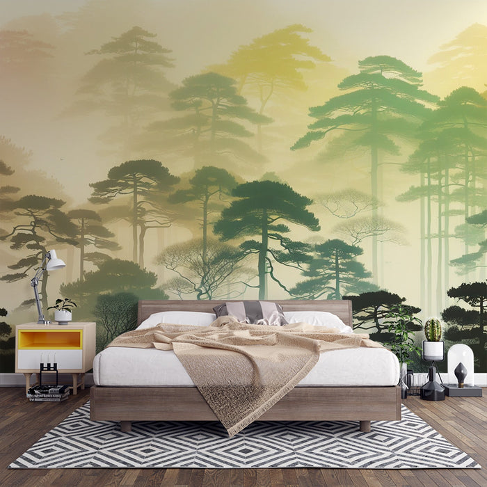 Papel pintado de árbol | Silueta de un bosque de árboles altos en un fondo colorido