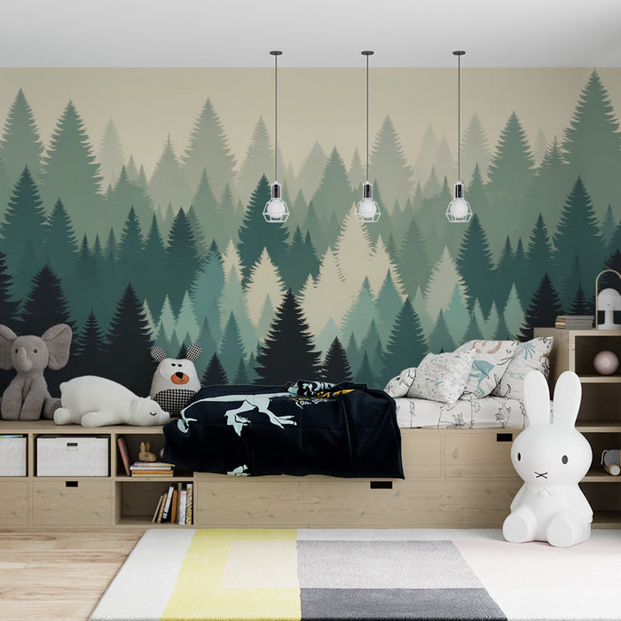 Papel de parede árvore | Silhueta de uma floresta de pinheiros preta e verde