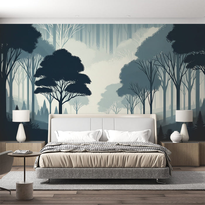 Tree Mural Wallpaper | Silhouettes of a Blue-toned Forest
