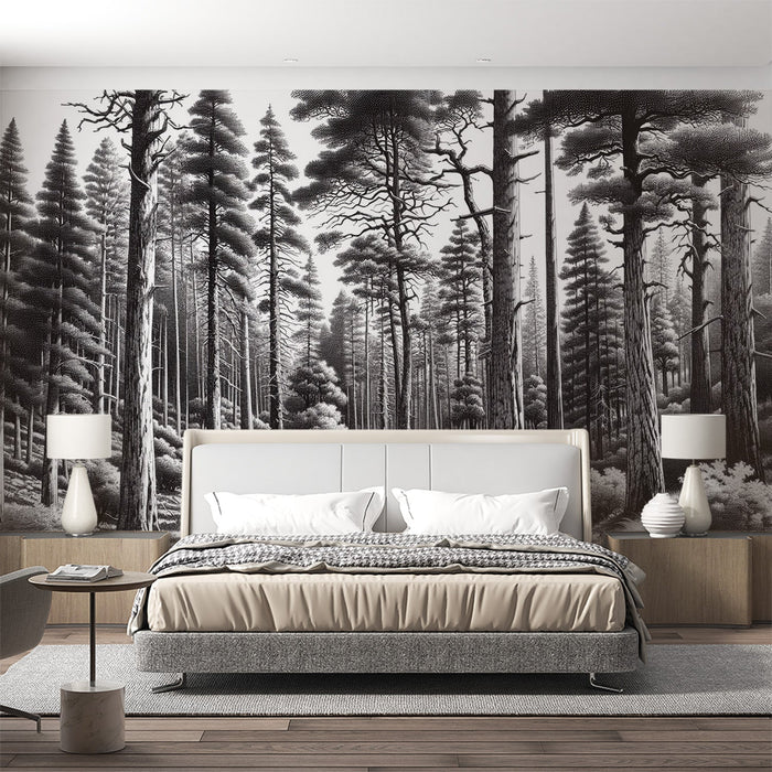 Papel pintado de mural de árbol en blanco y negro | Bosque de árboles altos y abetos