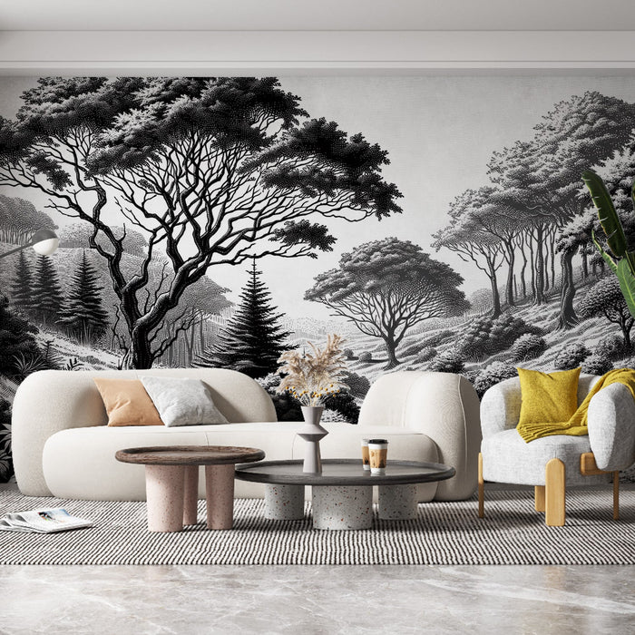 Black and White Tree Mural Wallpaper | Plain with Shrubs, Trees, and Fir Trees