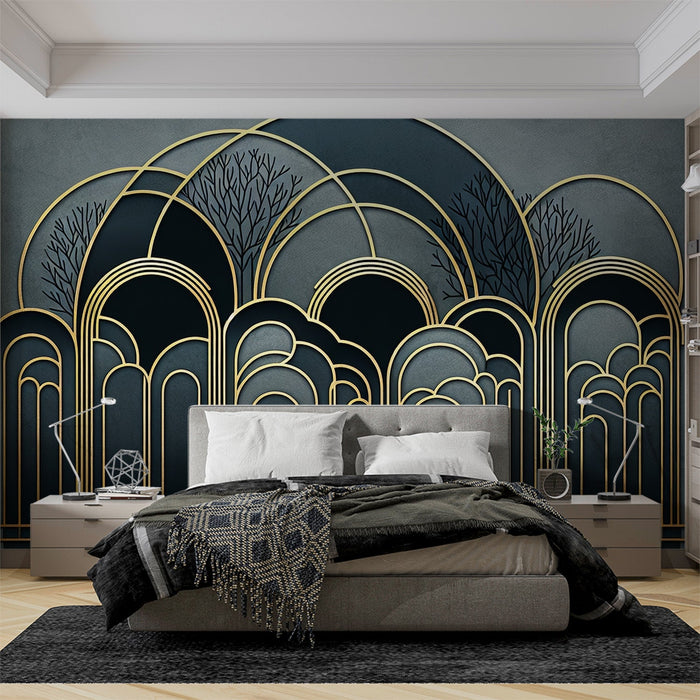 Art Deco Mural Wallpaper | Golden Arch and Tree Silhouette on Blue Background