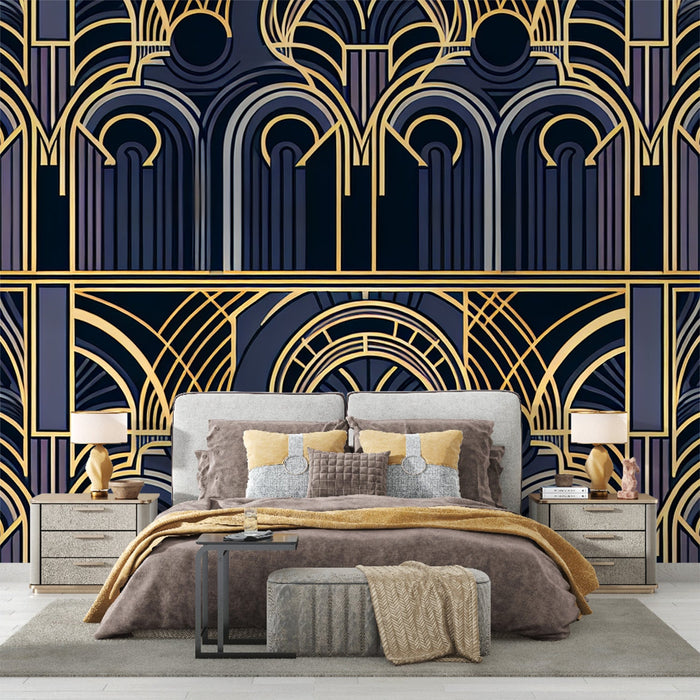 Art Deco Mural Wallpaper | Golden Arches on a Midnight Blue and Purple Background