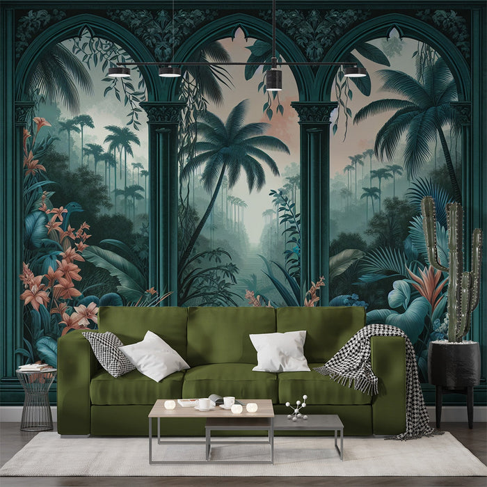 Papel de parede Mural Art Deco | Arco tropical com palmeiras e folhagem