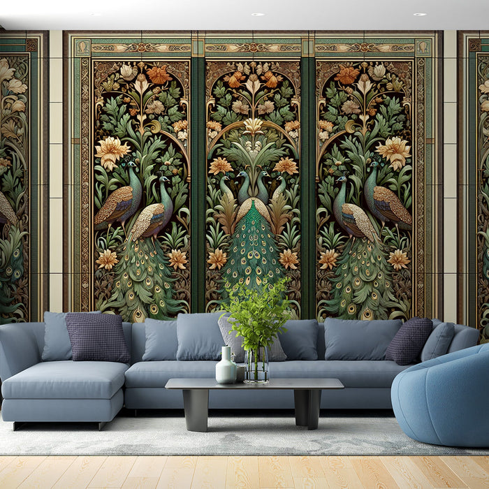 Art Deco Mural Wallpaper | Vintage Cement Tiles with Peacock and Foliage