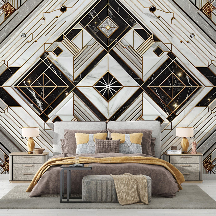 Art Deco Mural Wallpaper | Black and White Marble Tiles with Gold Thread