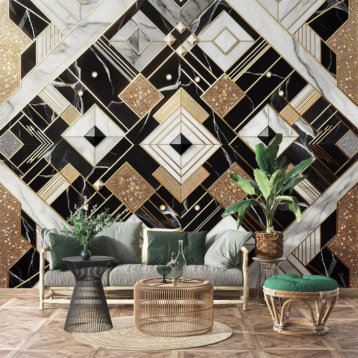 Art Deco Mural Wallpaper | Black and White Marble Tiles with Gold Accents