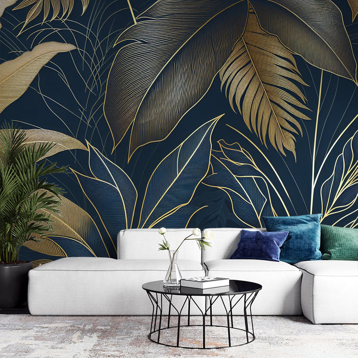 Art-Deco-Mural-Tapete | Goldene botanische Komposition auf Mitternachtsblauem Hintergrund