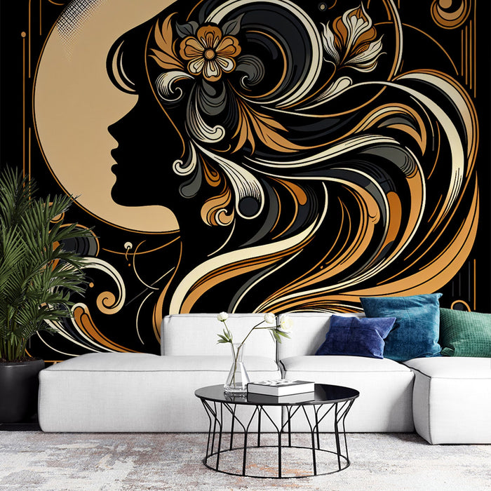 Art Deco Mural Wallpaper | Woman with Golden Hair and Full Moon