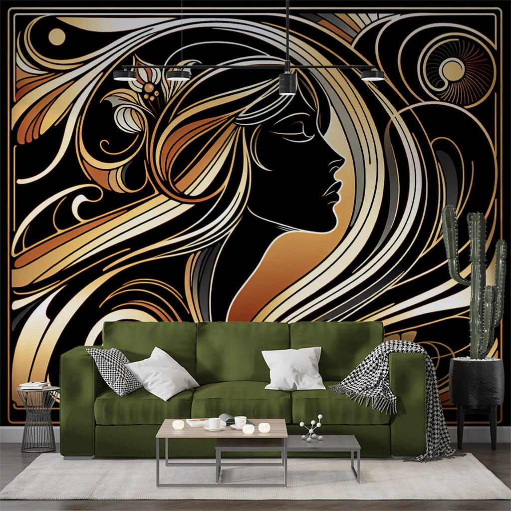 Carta da parati Art Deco | Donna con capelli dorati su sfondo nero —  WonderMural, image size:1024x1024