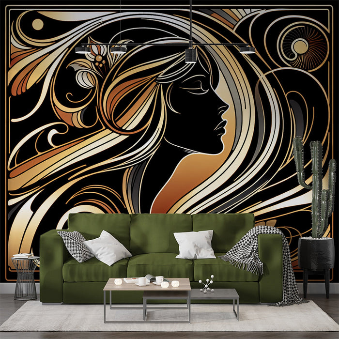Art Deco Mural Wallpaper | Woman with Golden Hair on Black Background