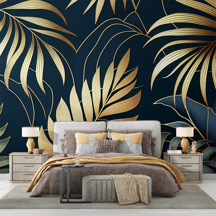 Papel de parede Art Deco | Folhagem Dourada em um Design de Fundo Azul Noturno