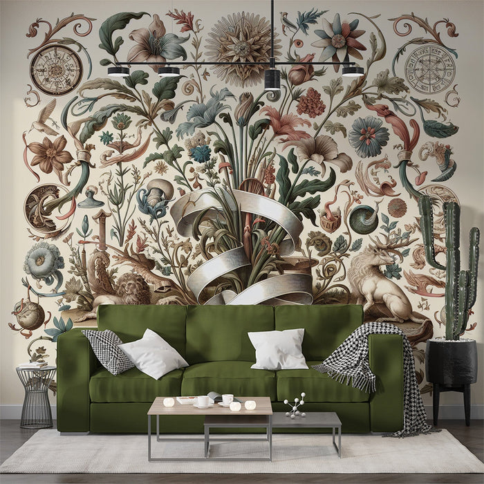 Art Deco Mural Wallpaper | Vintage Foliage and Abstract Shapes
