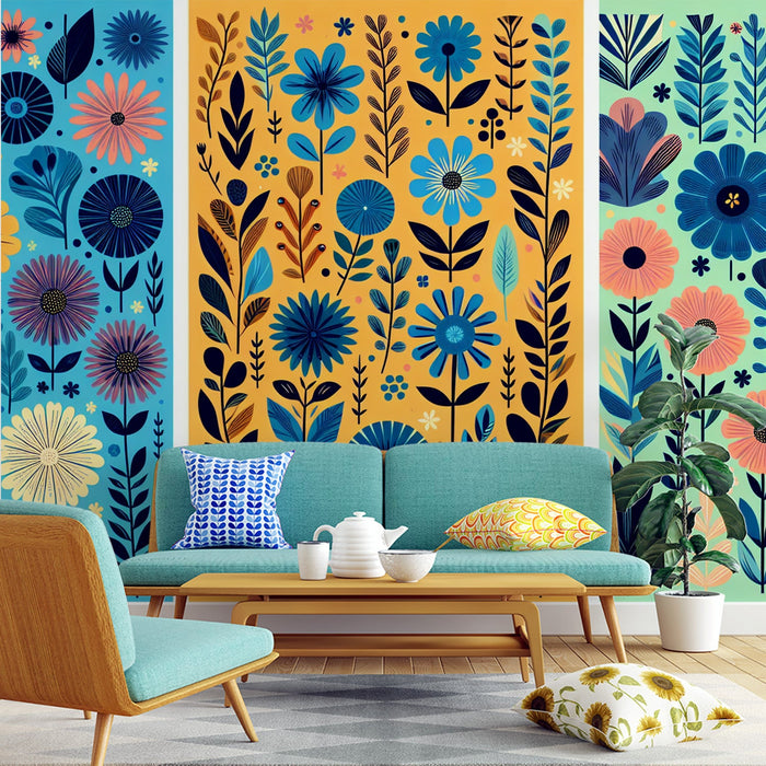Art Deco Mural Wallpaper | Flowers and Retro Decor with Vibrant Colors