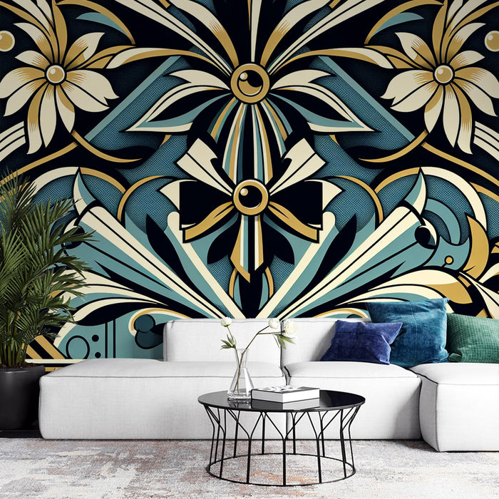 Art Deco Mural Wallpaper | Golden and Blue Abstract Flowers and Shapes