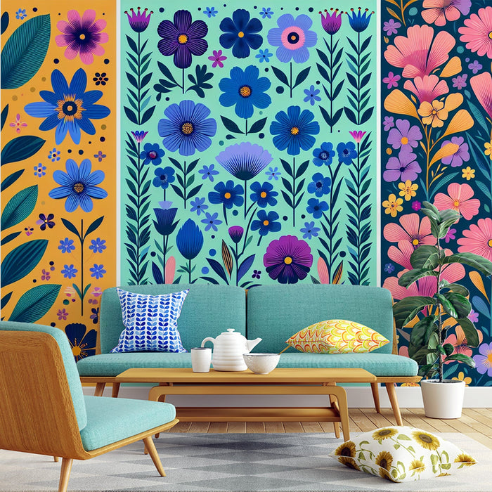 Art Deco Mural Wallpaper | Vintage and Colorful Orange, Green, and Blue Flowers